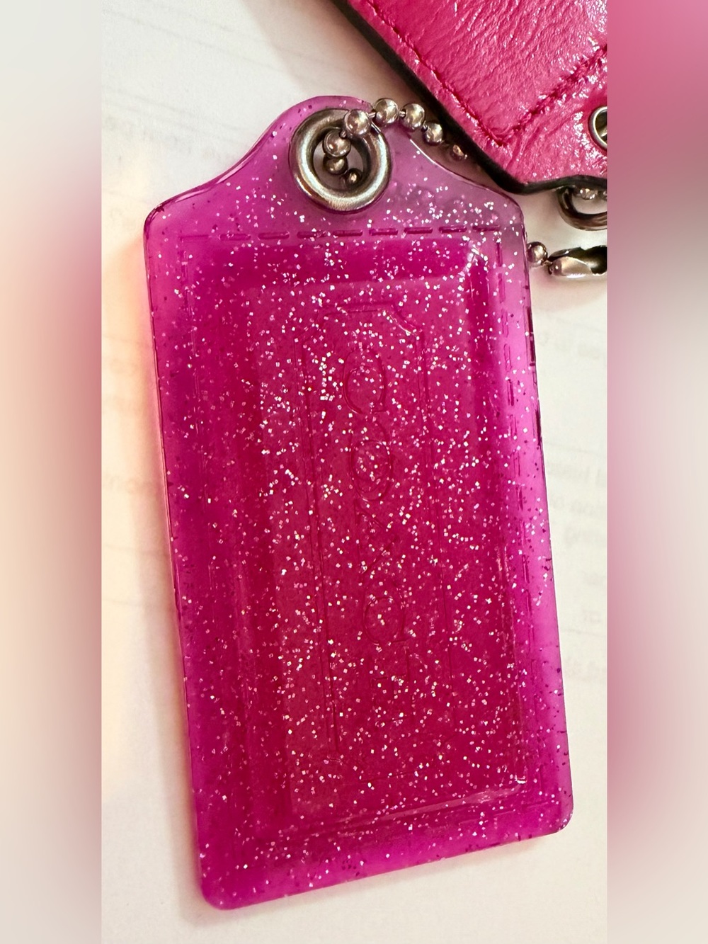 Coach Hot Pink Glitter Leather Tag Keychain - Picture 3 of 5